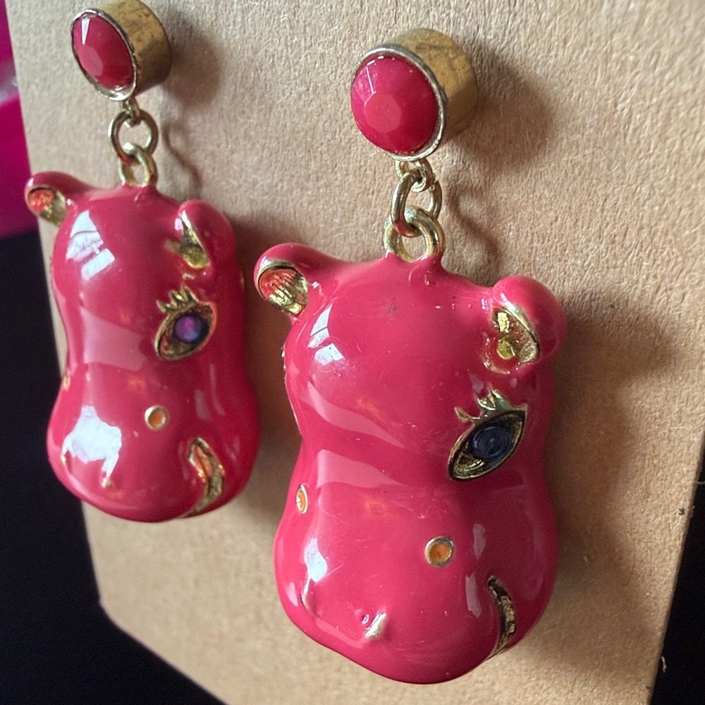 Pink Hippo Dangle Earrings Gold Accents Fun Statement 1.5” - Picture 2 of 3